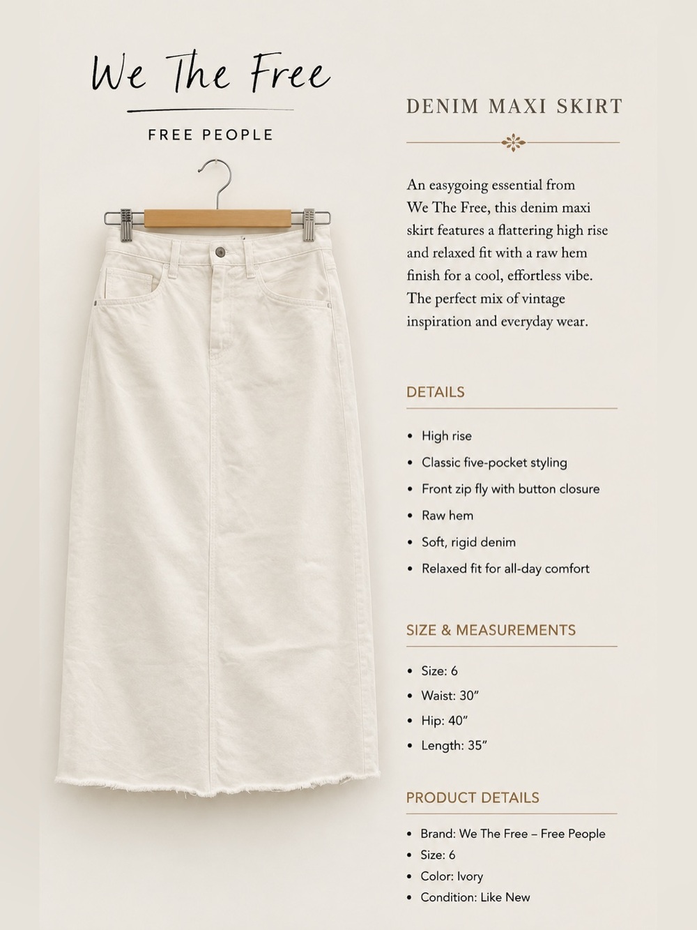 We The Free Ivory Denim Midi Skirt